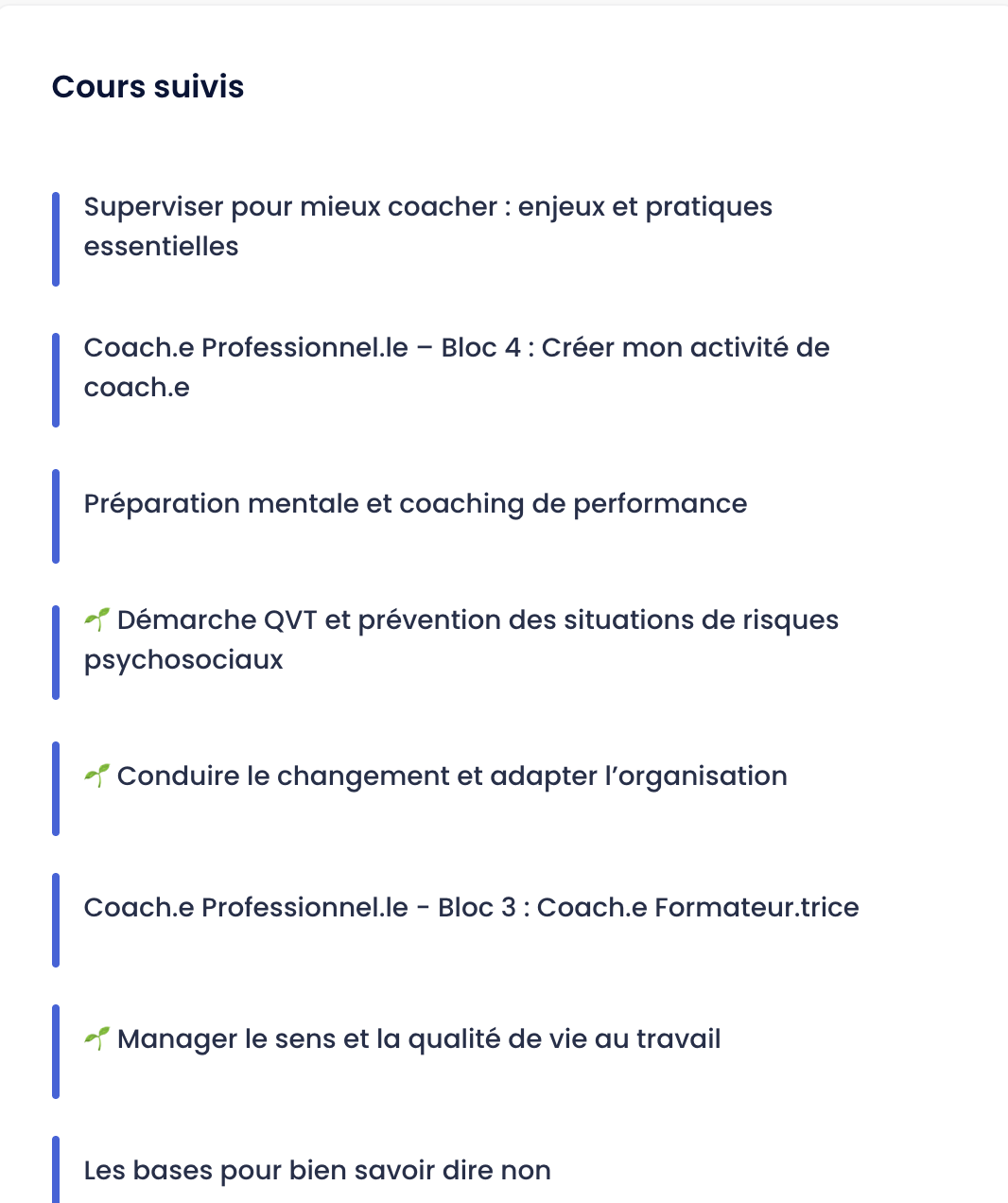 Liste des cours suivis